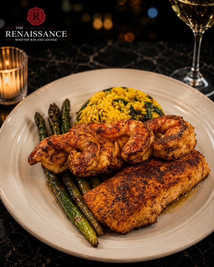 Blackened salmon with saffron rice and asparagus