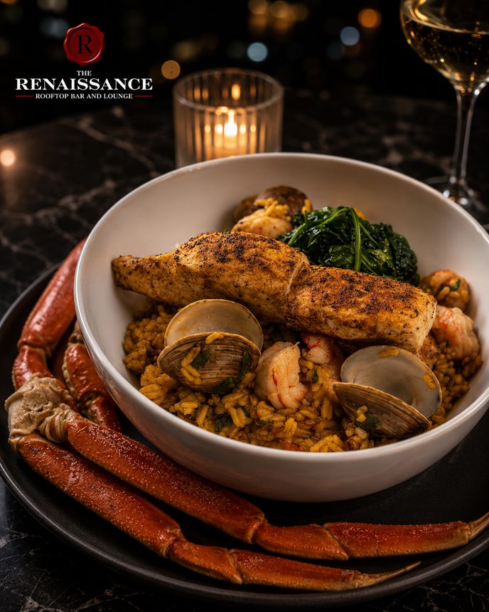 Snow crab and clam skillet with greens