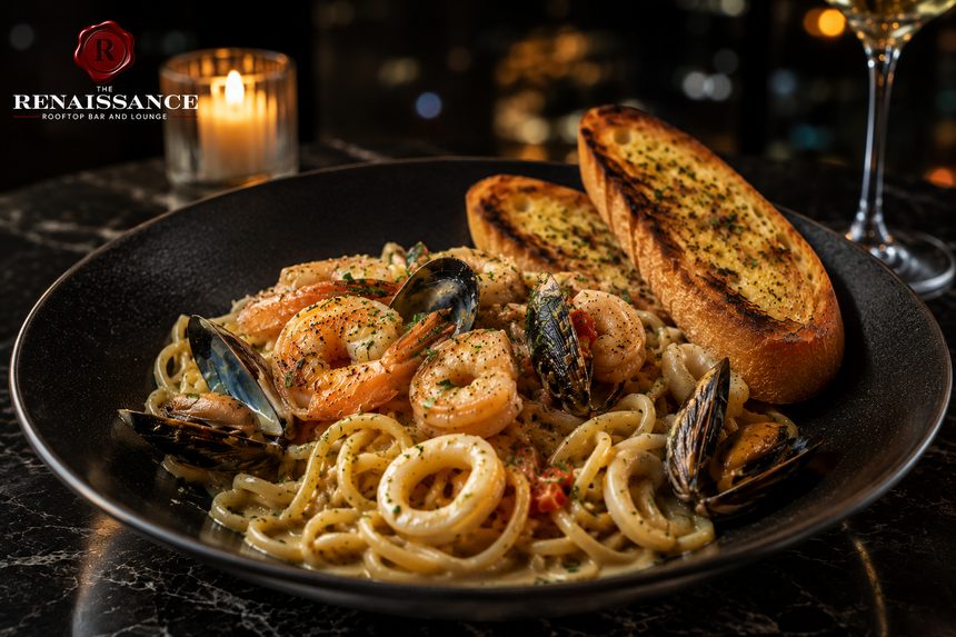 Coastal seafood linguine with calamari and garlic bread