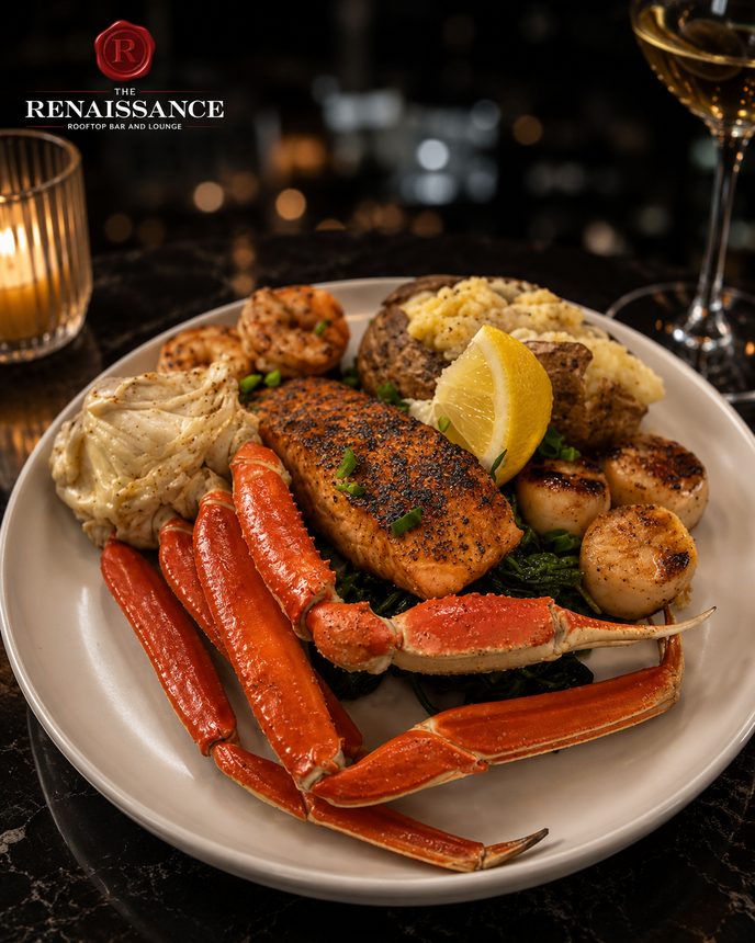 Seafood tower with snow crab, shrimp and lemon