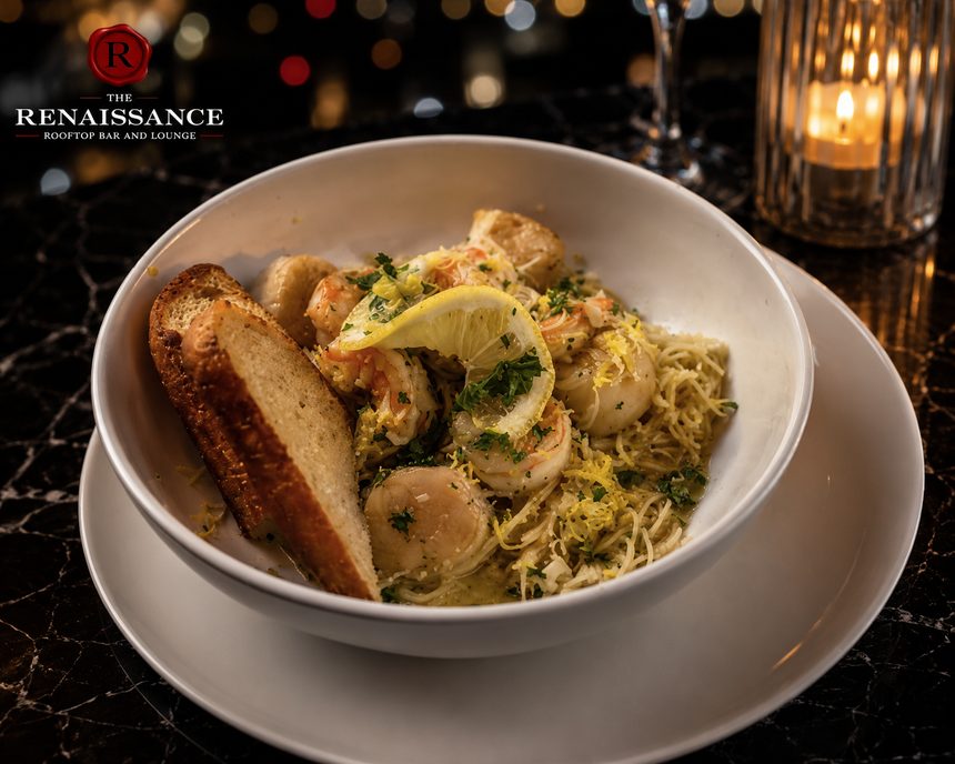 Shrimp scampi over linguine with toasted bread