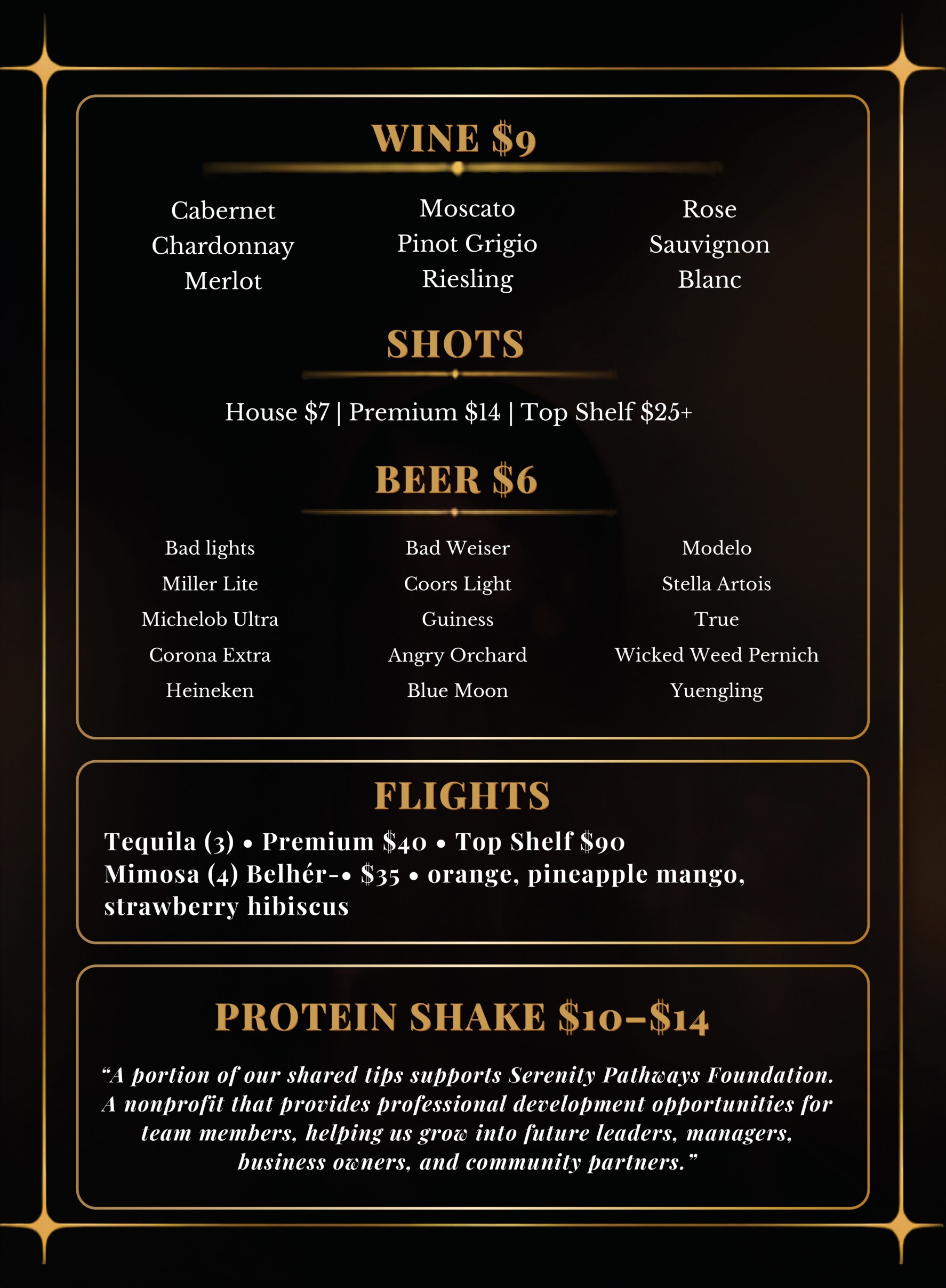 The Renaissance wine, beer, shots and flights menu